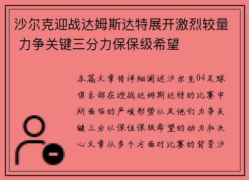 沙尔克迎战达姆斯达特展开激烈较量 力争关键三分力保保级希望