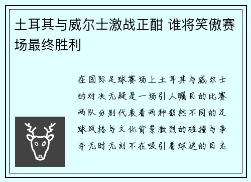 土耳其与威尔士激战正酣 谁将笑傲赛场最终胜利