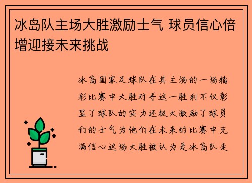 冰岛队主场大胜激励士气 球员信心倍增迎接未来挑战
