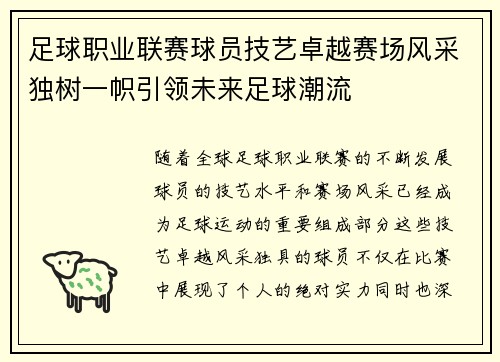 足球职业联赛球员技艺卓越赛场风采独树一帜引领未来足球潮流