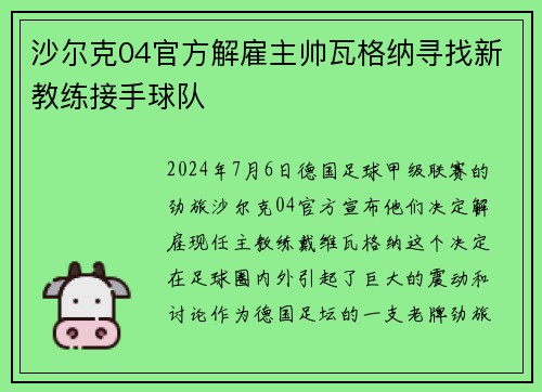 沙尔克04官方解雇主帅瓦格纳寻找新教练接手球队