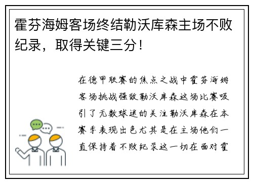 霍芬海姆客场终结勒沃库森主场不败纪录，取得关键三分！