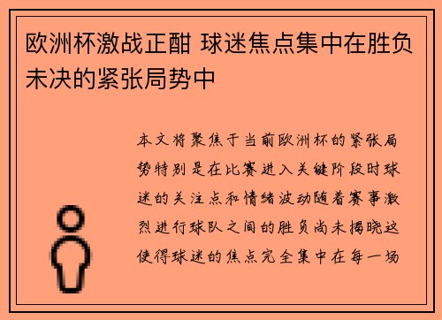 欧洲杯激战正酣 球迷焦点集中在胜负未决的紧张局势中