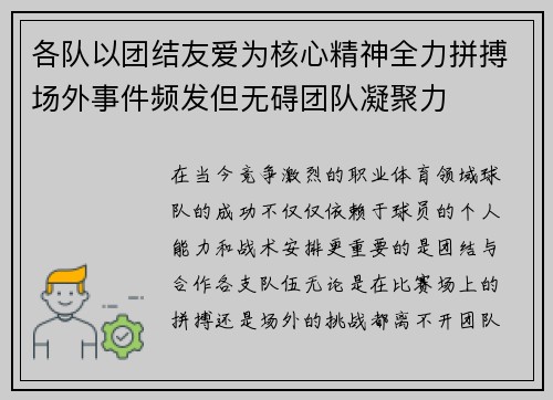各队以团结友爱为核心精神全力拼搏场外事件频发但无碍团队凝聚力
