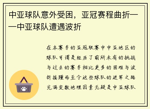 中亚球队意外受困，亚冠赛程曲折——中亚球队遭遇波折