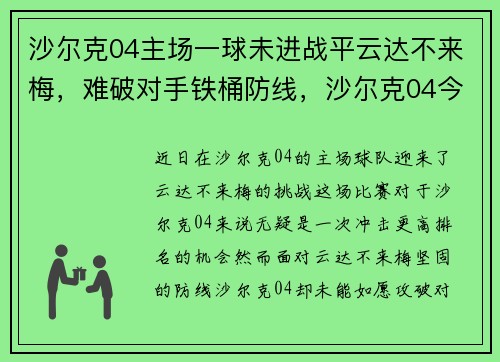 沙尔克04主场一球未进战平云达不来梅，难破对手铁桶防线，沙尔克04今天比赛