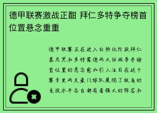 德甲联赛激战正酣 拜仁多特争夺榜首位置悬念重重