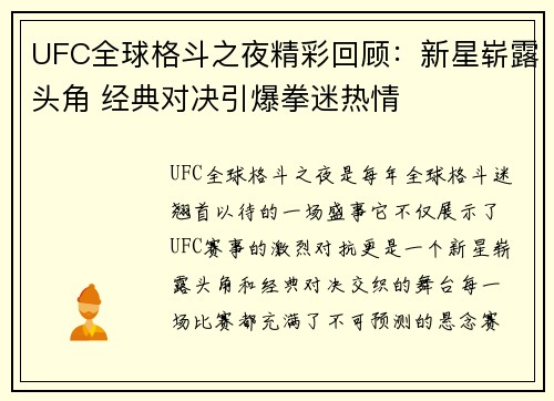 UFC全球格斗之夜精彩回顾：新星崭露头角 经典对决引爆拳迷热情