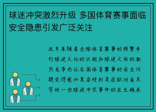 球迷冲突激烈升级 多国体育赛事面临安全隐患引发广泛关注