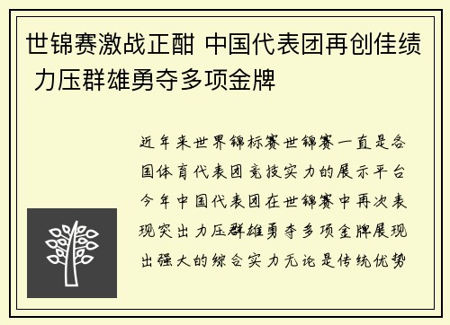 世锦赛激战正酣 中国代表团再创佳绩 力压群雄勇夺多项金牌