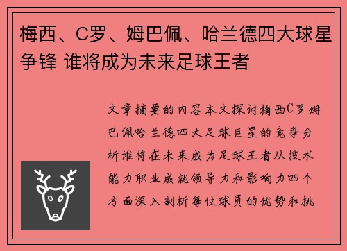 梅西、C罗、姆巴佩、哈兰德四大球星争锋 谁将成为未来足球王者