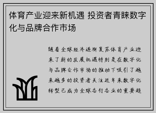 体育产业迎来新机遇 投资者青睐数字化与品牌合作市场